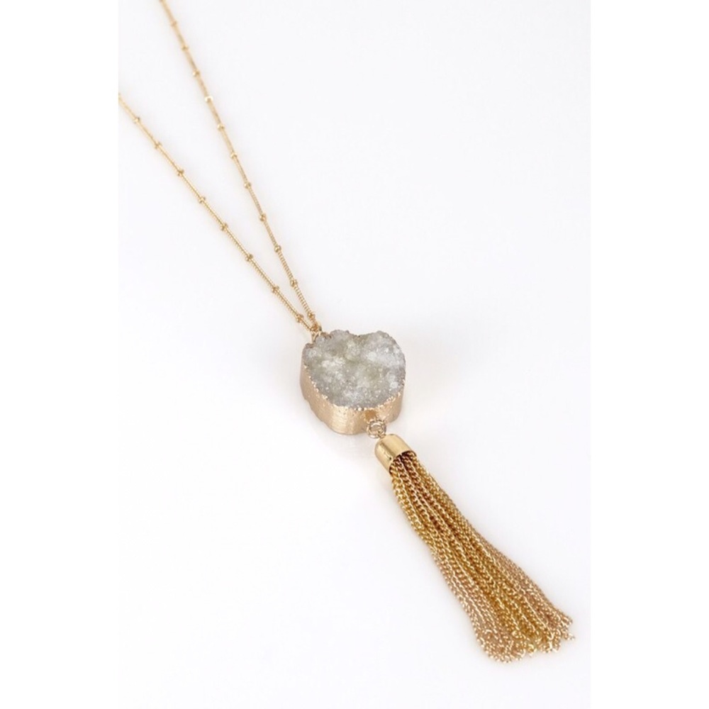 Druzy stone pendant necklace gold chain tassel - Picture 5 of 8